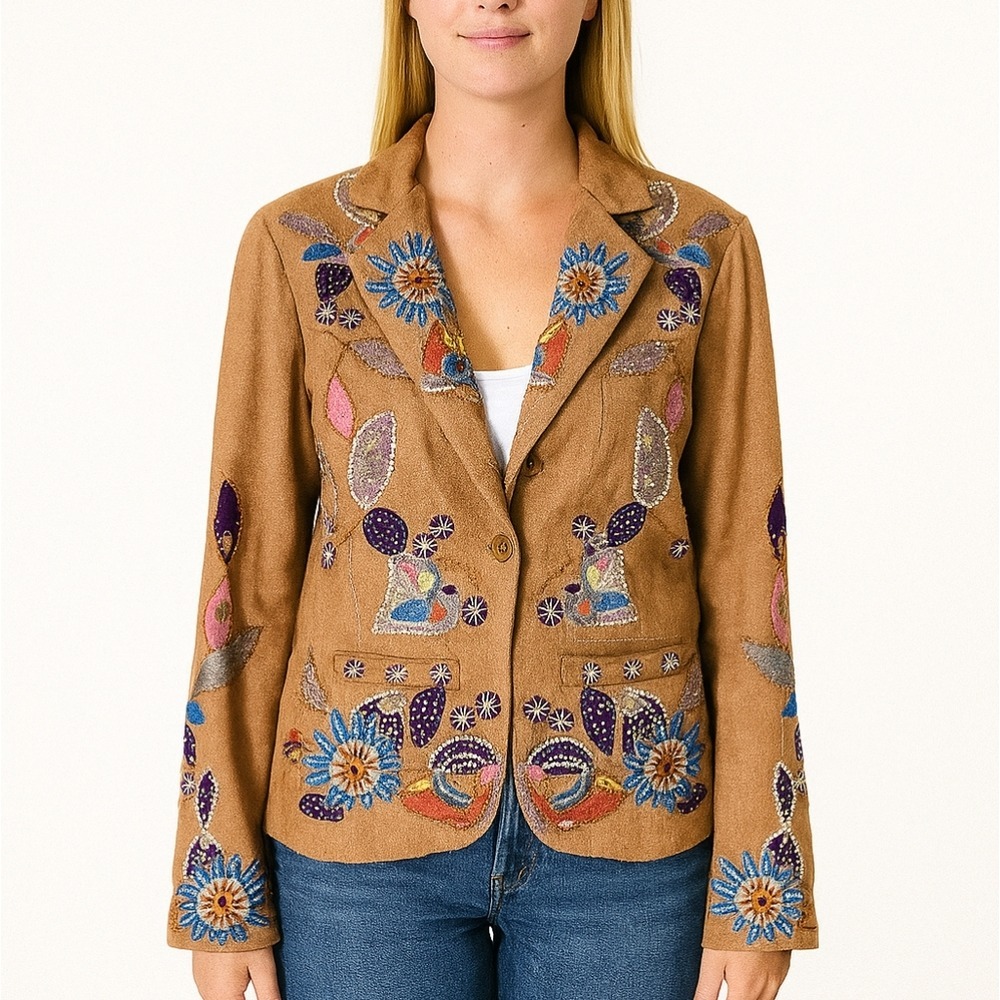 PINKO Floral‎ Art To Wear embroidered 2 button blazer tan linen silk size 44